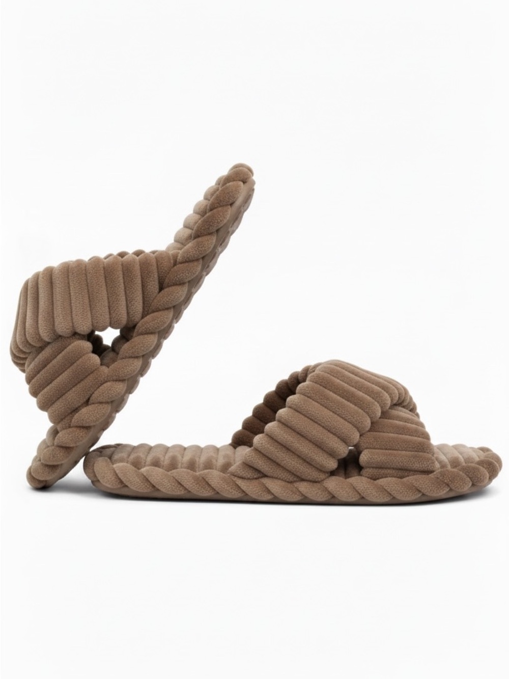 Women’s size 11–12 slippers solid taupe brown crisscross plush open toe slide
